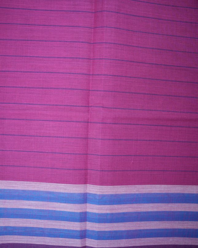 Handloom Cotton Saree in Violet Purple Colour with One Side Royal Blue Border and Traditional Stripe Weave
