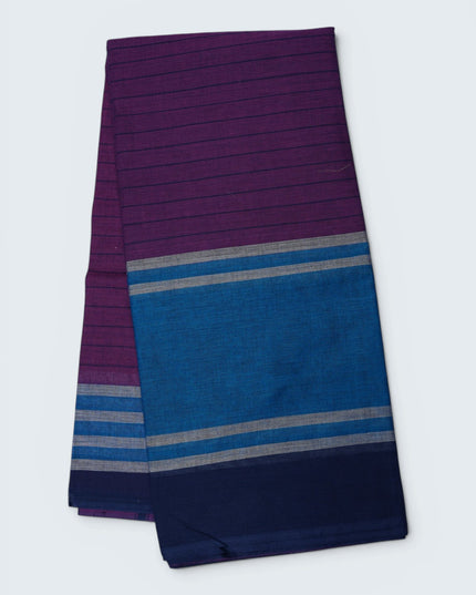 Handloom Cotton Saree in Violet Purple Colour with One Side Royal Blue Border and Traditional Stripe Weave