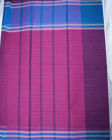 Handloom Cotton Saree in Violet Purple Colour with One Side Royal Blue Border and Traditional Stripe Weave