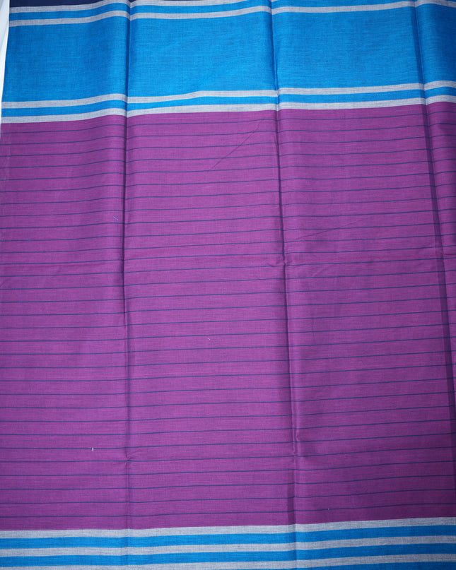 Handloom Cotton Saree in Violet Purple Colour with One Side Royal Blue Border and Traditional Stripe Weave