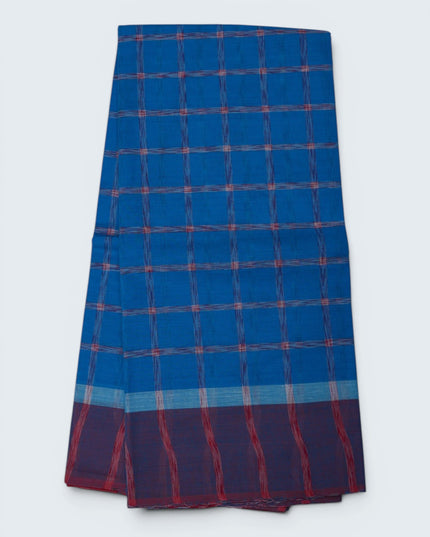 Handloom Cotton Saree in Royal Blue Colour with Large Checked Pattern and Contrast Purple Border