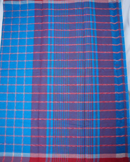 Handloom Cotton Saree in Royal Blue Colour with Large Checked Pattern and Contrast Purple Border
