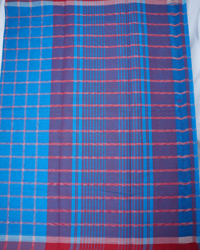 Handloom Cotton Saree in Royal Blue Colour with Large Checked Pattern and Contrast Purple Border