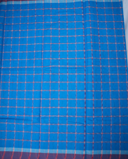 Handloom Cotton Saree in Royal Blue Colour with Large Checked Pattern and Contrast Purple Border