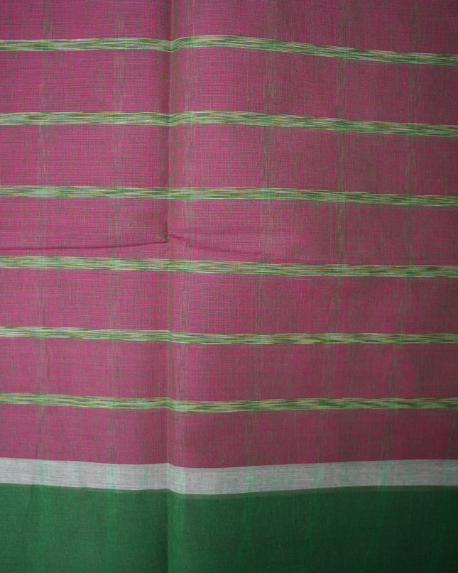 Handloom Cotton Saree in Rani Pink Colour with Large Checked Pattern and Contrast Dark Purple Border