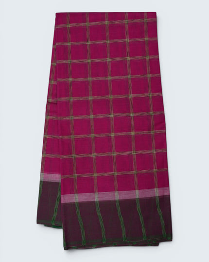 Handloom Cotton Saree in Rani Pink Colour with Large Checked Pattern and Contrast Dark Purple Border