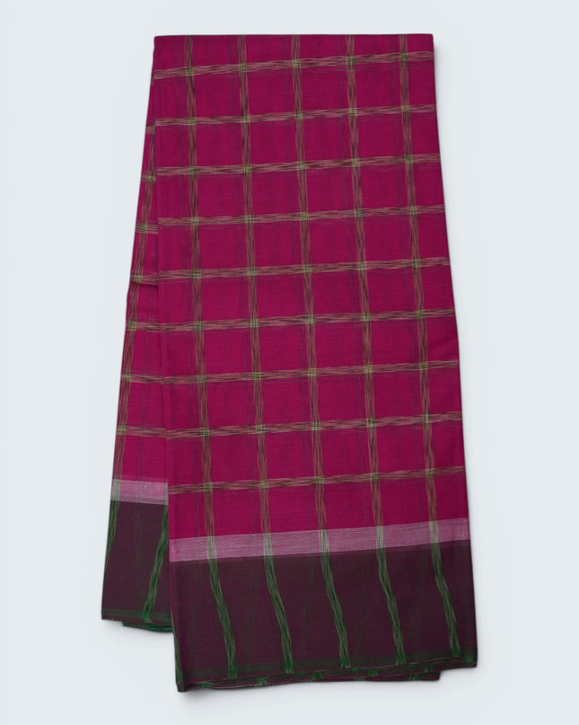 Handloom Cotton Saree in Rani Pink Colour with Large Checked Pattern and Contrast Dark Purple Border