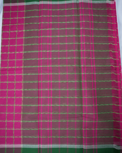 Handloom Cotton Saree in Rani Pink Colour with Large Checked Pattern and Contrast Dark Purple Border