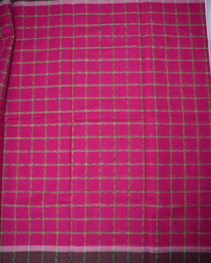 Handloom Cotton Saree in Rani Pink Colour with Large Checked Pattern and Contrast Dark Purple Border