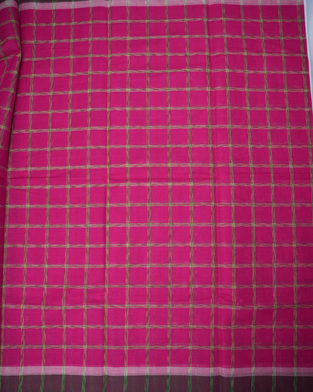 Handloom Cotton Saree in Rani Pink Colour with Large Checked Pattern and Contrast Dark Purple Border