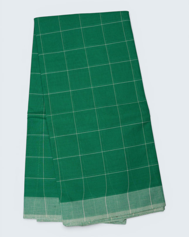Handloom Cotton Saree in Emerald Green Colour with Large Checked Pattern and Elegant Self Border