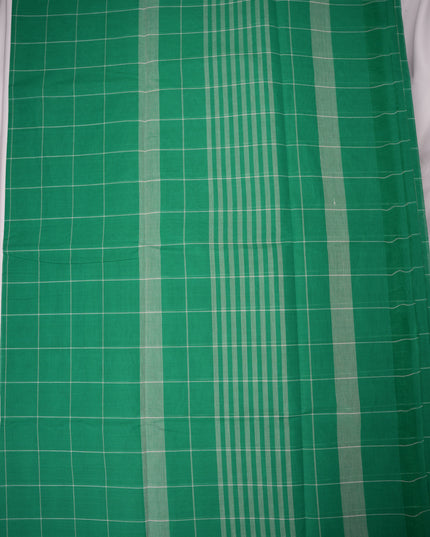 Handloom Cotton Saree in Emerald Green Colour with Large Checked Pattern and Elegant Self Border