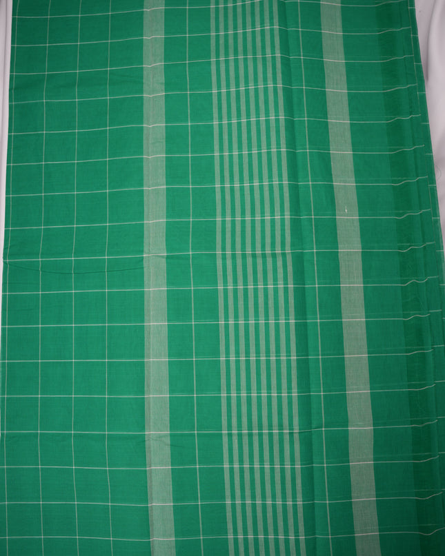 Handloom Cotton Saree in Emerald Green Colour with Large Checked Pattern and Elegant Self Border