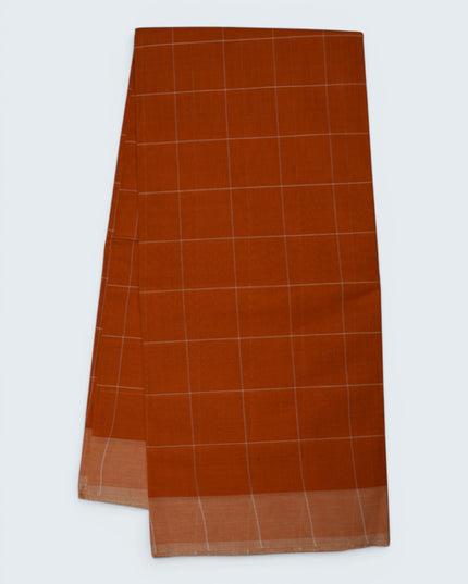 Handloom Cotton Saree in Rust Orange Colour with Large Checked Pattern and Elegant Self Border