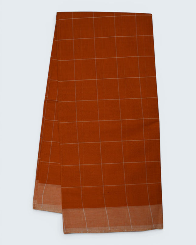 Handloom Cotton Saree in Rust Orange Colour with Large Checked Pattern and Elegant Self Border