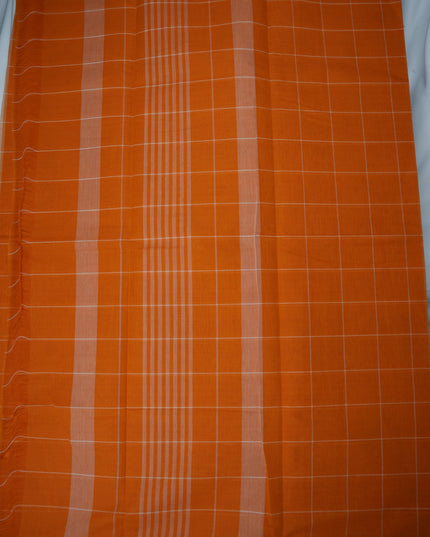 Handloom Cotton Saree in Rust Orange Colour with Large Checked Pattern and Elegant Self Border