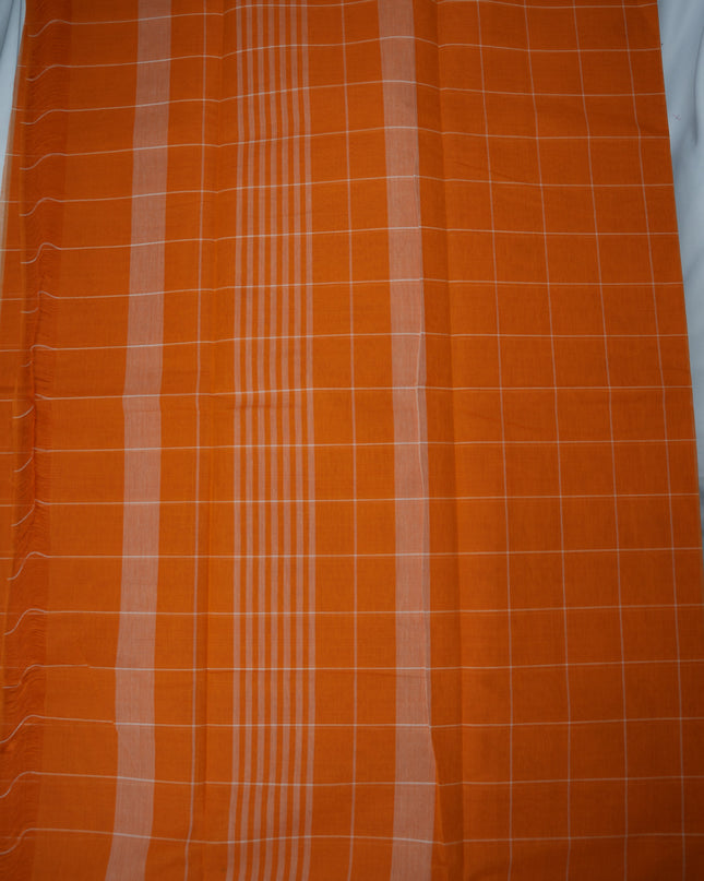 Handloom Cotton Saree in Rust Orange Colour with Large Checked Pattern and Elegant Self Border