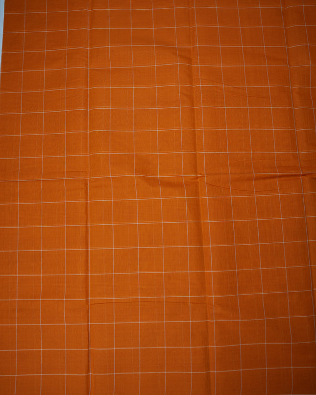 Handloom Cotton Saree in Rust Orange Colour with Large Checked Pattern and Elegant Self Border