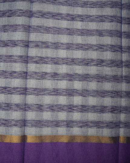 Handloom Cotton Saree in Ivory White Colour with Artistic Checked Pattern and Contrast Lavender Purple Border