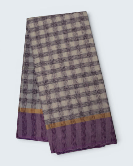 Handloom Cotton Saree in Ivory White Colour with Artistic Checked Pattern and Contrast Lavender Purple Border