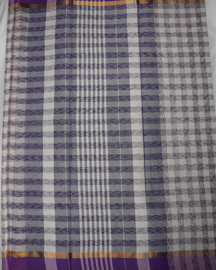 Handloom Cotton Saree in Ivory White Colour with Artistic Checked Pattern and Contrast Lavender Purple Border