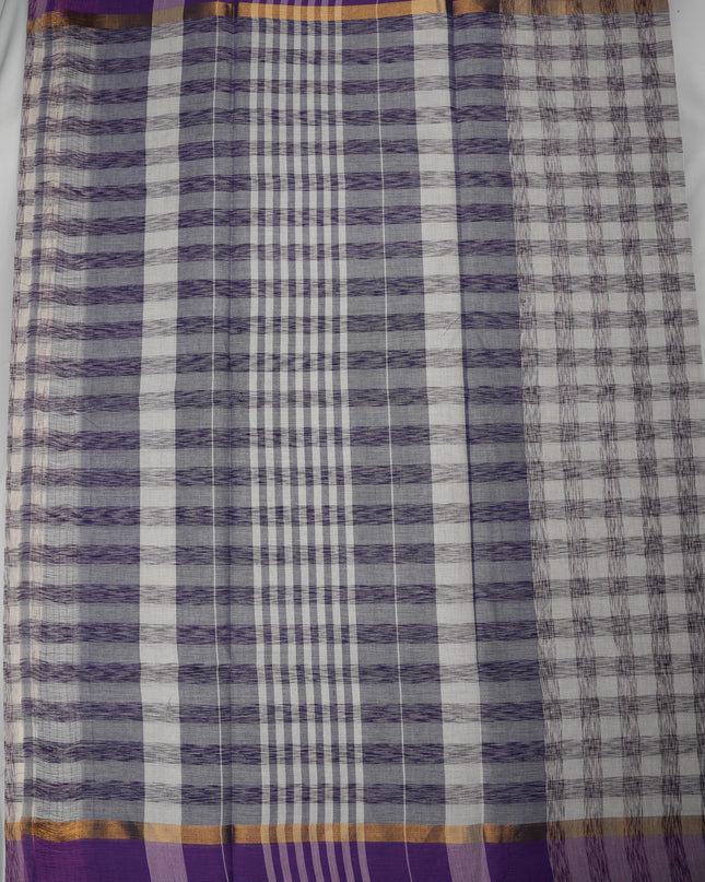 Handloom Cotton Saree in Ivory White Colour with Artistic Checked Pattern and Contrast Lavender Purple Border