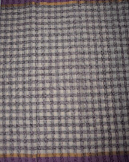 Handloom Cotton Saree in Ivory White Colour with Artistic Checked Pattern and Contrast Lavender Purple Border