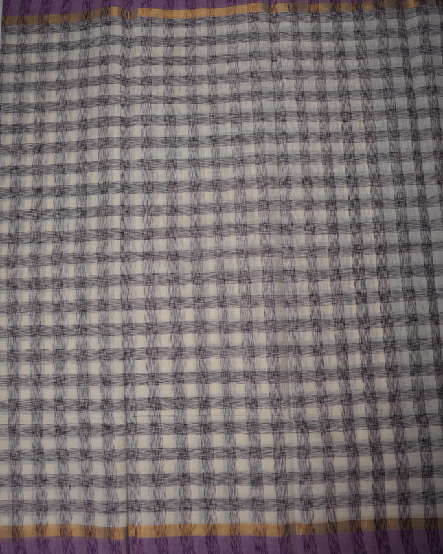 Handloom Cotton Saree in Ivory White Colour with Artistic Checked Pattern and Contrast Lavender Purple Border