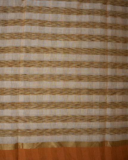 Handloom Cotton Saree in Ivory White Colour with Artistic Brown Checked Pattern and Rust Orange Border