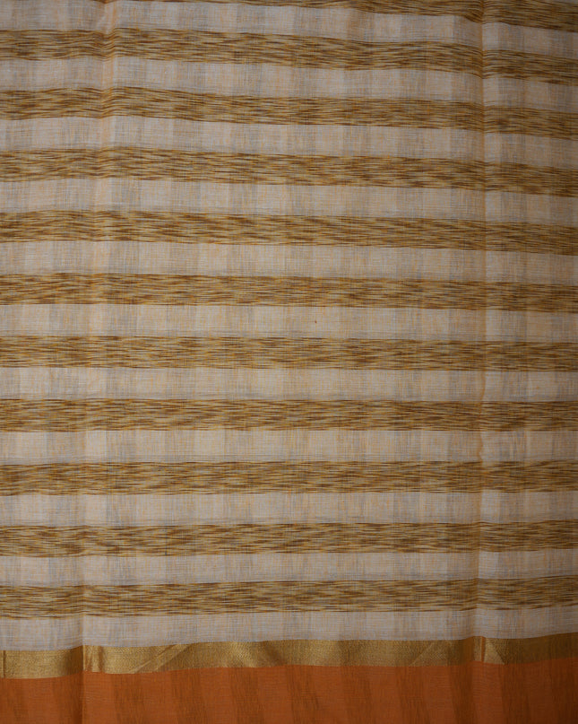 Handloom Cotton Saree in Ivory White Colour with Artistic Brown Checked Pattern and Rust Orange Border