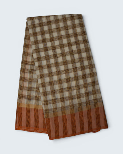Handloom Cotton Saree in Ivory White Colour with Artistic Brown Checked Pattern and Rust Orange Border