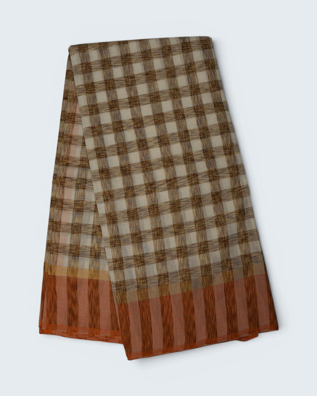 Handloom Cotton Saree in Ivory White Colour with Artistic Brown Checked Pattern and Rust Orange Border