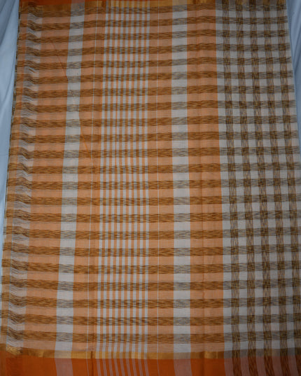 Handloom Cotton Saree in Ivory White Colour with Artistic Brown Checked Pattern and Rust Orange Border