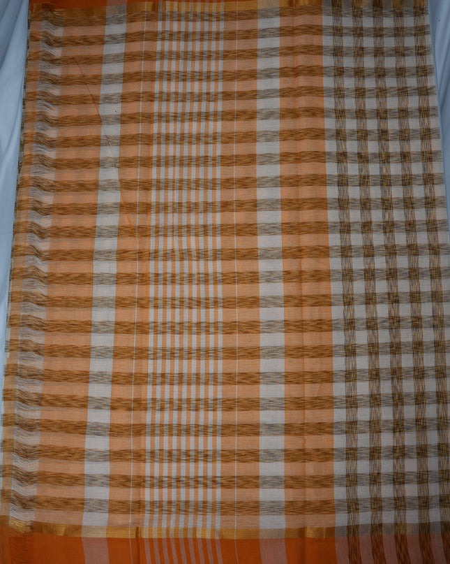 Handloom Cotton Saree in Ivory White Colour with Artistic Brown Checked Pattern and Rust Orange Border