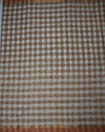 Handloom Cotton Saree in Ivory White Colour with Artistic Brown Checked Pattern and Rust Orange Border