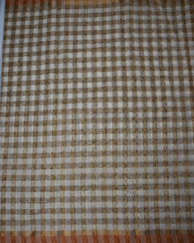 Handloom Cotton Saree in Ivory White Colour with Artistic Brown Checked Pattern and Rust Orange Border
