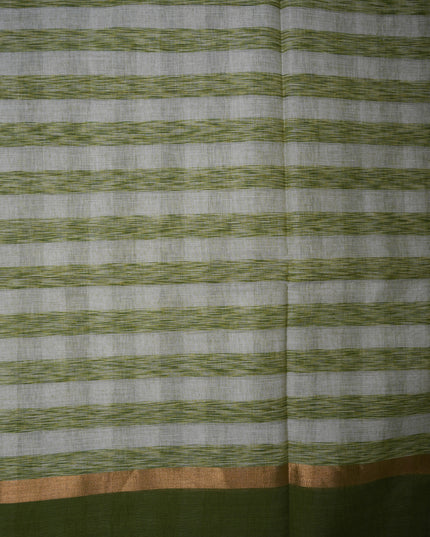 Handloom Cotton Saree in Ivory White Colour with Artistic Olive Green Checked Pattern and Contrast Green Border