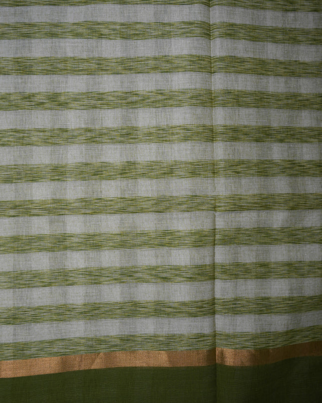 Handloom Cotton Saree in Ivory White Colour with Artistic Olive Green Checked Pattern and Contrast Green Border
