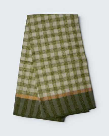 Handloom Cotton Saree in Ivory White Colour with Artistic Olive Green Checked Pattern and Contrast Green Border
