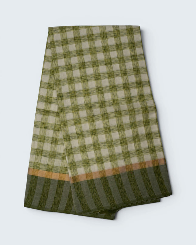 Handloom Cotton Saree in Ivory White Colour with Artistic Olive Green Checked Pattern and Contrast Green Border