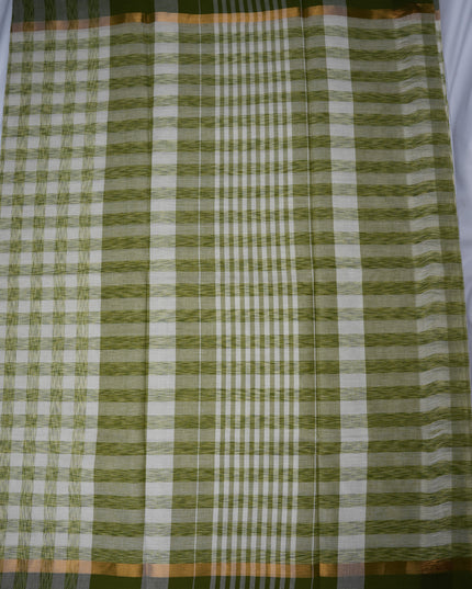 Handloom Cotton Saree in Ivory White Colour with Artistic Olive Green Checked Pattern and Contrast Green Border