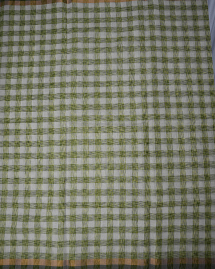 Handloom Cotton Saree in Ivory White Colour with Artistic Olive Green Checked Pattern and Contrast Green Border