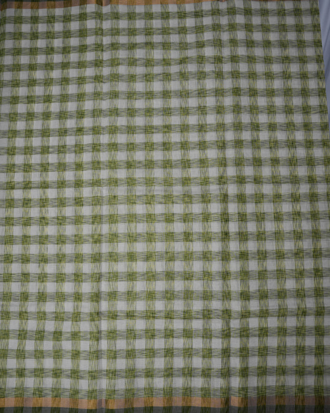 Handloom Cotton Saree in Ivory White Colour with Artistic Olive Green Checked Pattern and Contrast Green Border