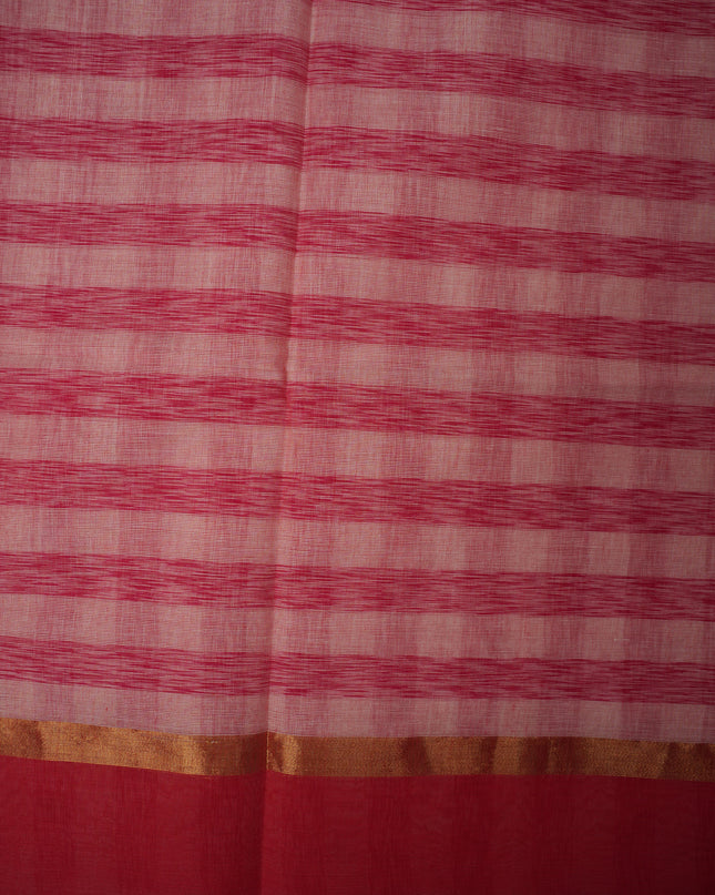 Handloom Cotton Saree in Ivory White Colour with Artistic Rani Pink Checked Pattern and Contrast Rose Pink Border