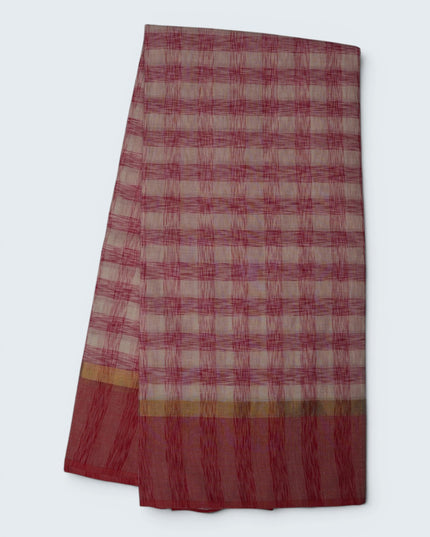Handloom Cotton Saree in Ivory White Colour with Artistic Rani Pink Checked Pattern and Contrast Rose Pink Border