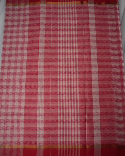 Handloom Cotton Saree in Ivory White Colour with Artistic Rani Pink Checked Pattern and Contrast Rose Pink Border