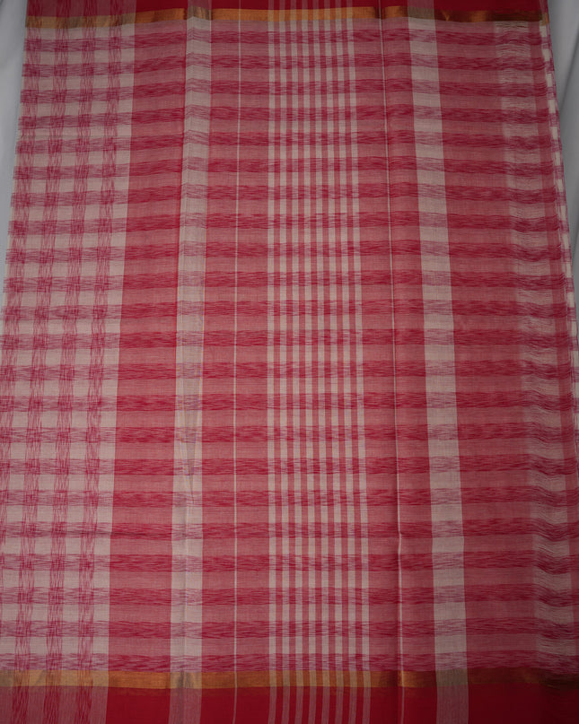 Handloom Cotton Saree in Ivory White Colour with Artistic Rani Pink Checked Pattern and Contrast Rose Pink Border