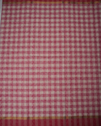 Handloom Cotton Saree in Ivory White Colour with Artistic Rani Pink Checked Pattern and Contrast Rose Pink Border