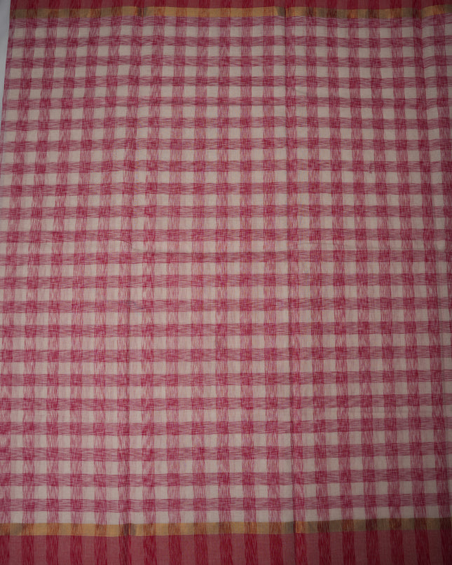 Handloom Cotton Saree in Ivory White Colour with Artistic Rani Pink Checked Pattern and Contrast Rose Pink Border