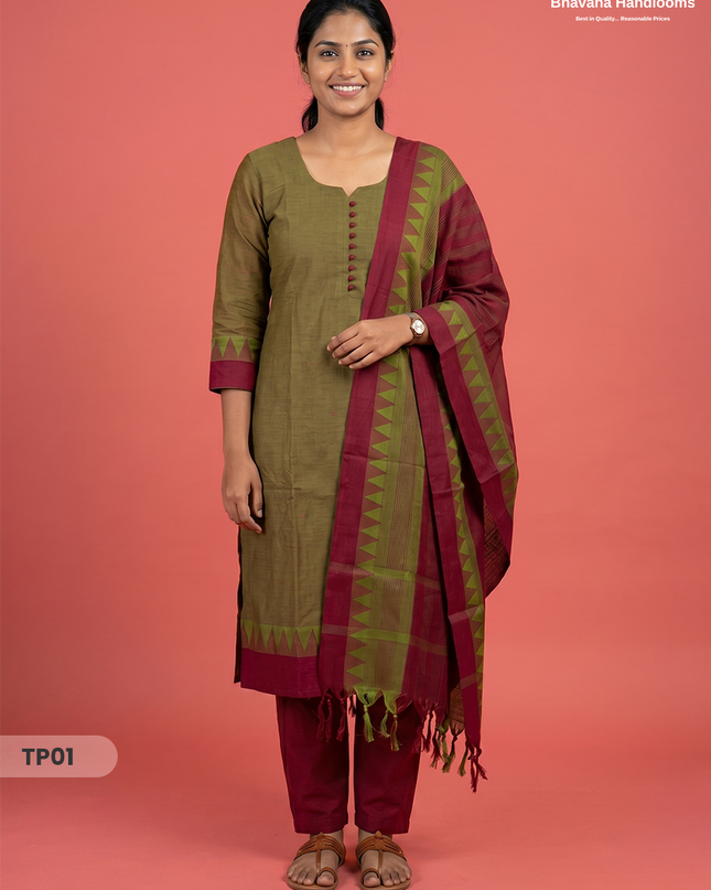 Mangalagiri Cotton 3PC Set with Full-Length Lining & Elastic Pocket Bottom – Brown & Red Double Weave